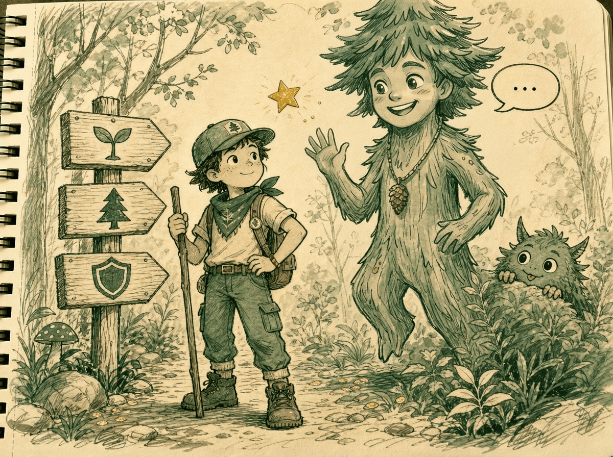 A young Ranger on a forest trail with Coach Terra, rank signposts along the path, and a playful fallacy monster peeking from the bushes.