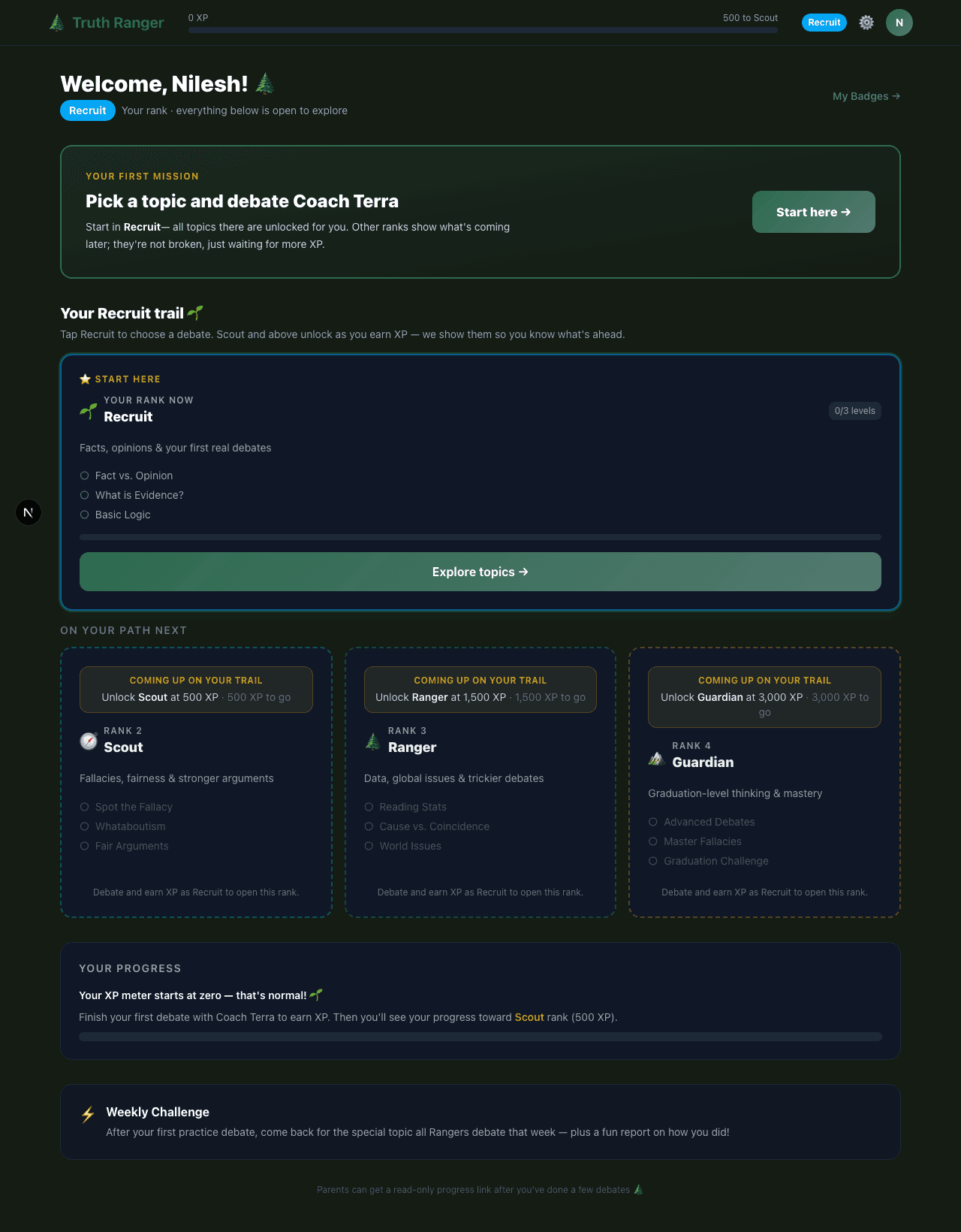 Truth Ranger dashboard showing rank, XP, learning path, and resume debate card