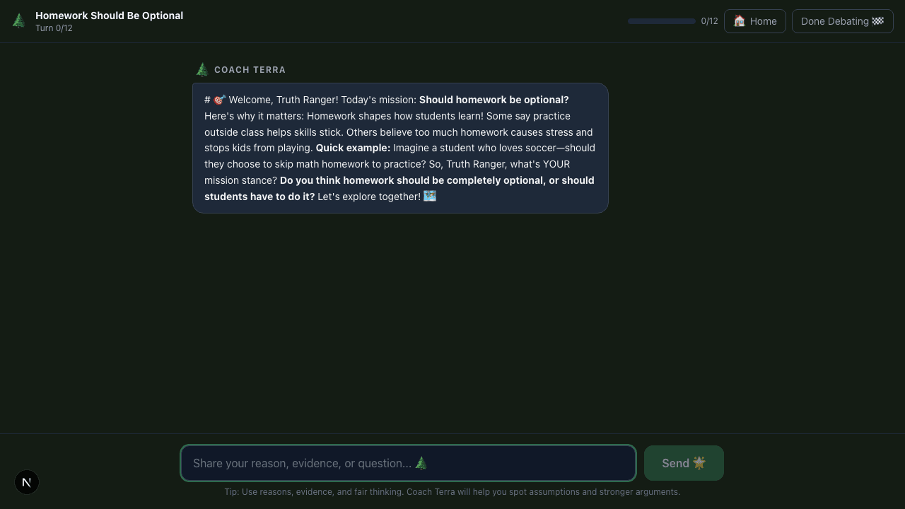 Coach Terra debate screen with formatted coaching messages and turn counter